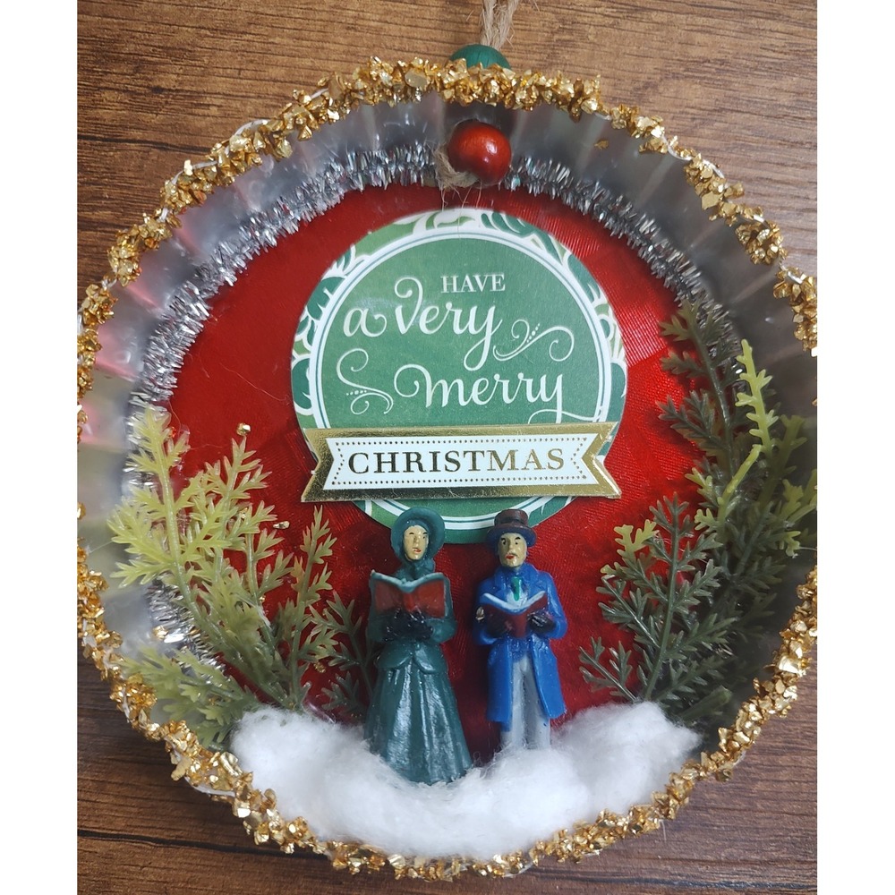 Christmas Carolers Couple Ornament Handmade OOAK Diorama Upcycled Tart Tin O4